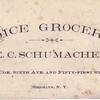 Business card of Ernst C. Schumacher, Grocer who hosted the first organizational and prayer services in his store.